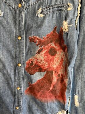 Angel Denim Button-Down Shirt with Red Horse Print